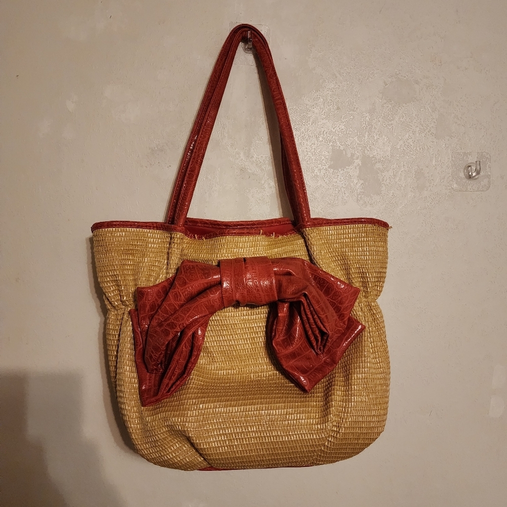 Bueno Straw Tote Bag with Red Trim & Large Red Bow Accent
